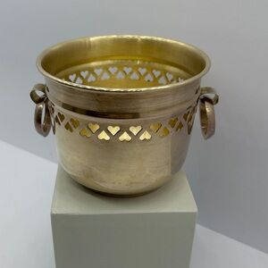 Mid Century Boho Solid Brass Decorative Planter with Heart Cutouts and Handles
